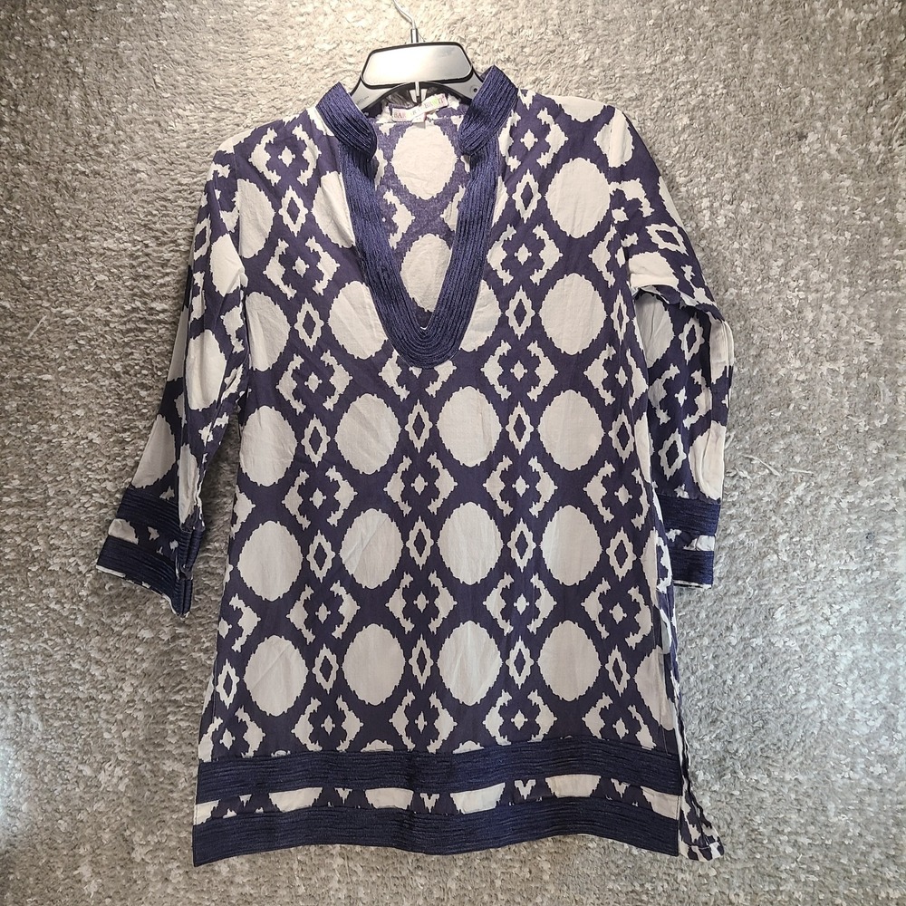 Barbara Gerwit Tunic Blouse Ikat Print Navy White Cotton Pullover Size XS Cotton